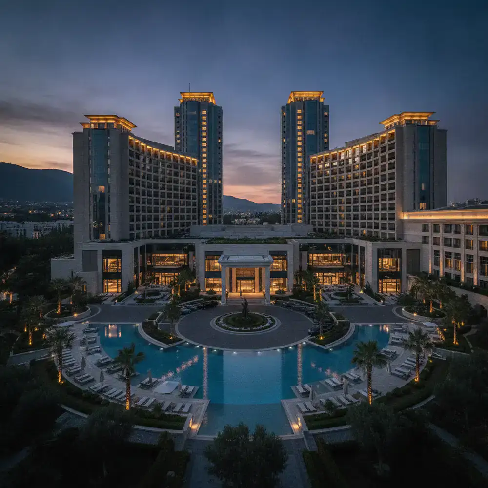 Vista de un lujoso hotel casino al anochecer